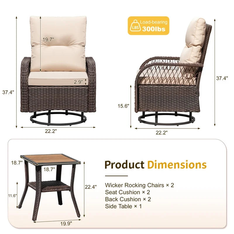 Lacoo 3 Piece Outdoor Bistro Set Patio 360° Swivel Rocking Chairs & Table All-Weather Rattan High Back Conversation Set for Backyard Porches Garden