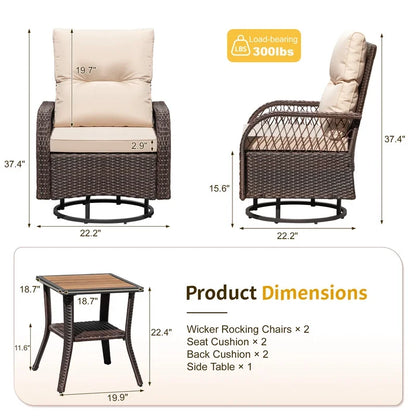 Lacoo 3 Piece Outdoor Bistro Set Patio 360° Swivel Rocking Chairs & Table All-Weather Rattan High Back Conversation Set for Backyard Porches Garden