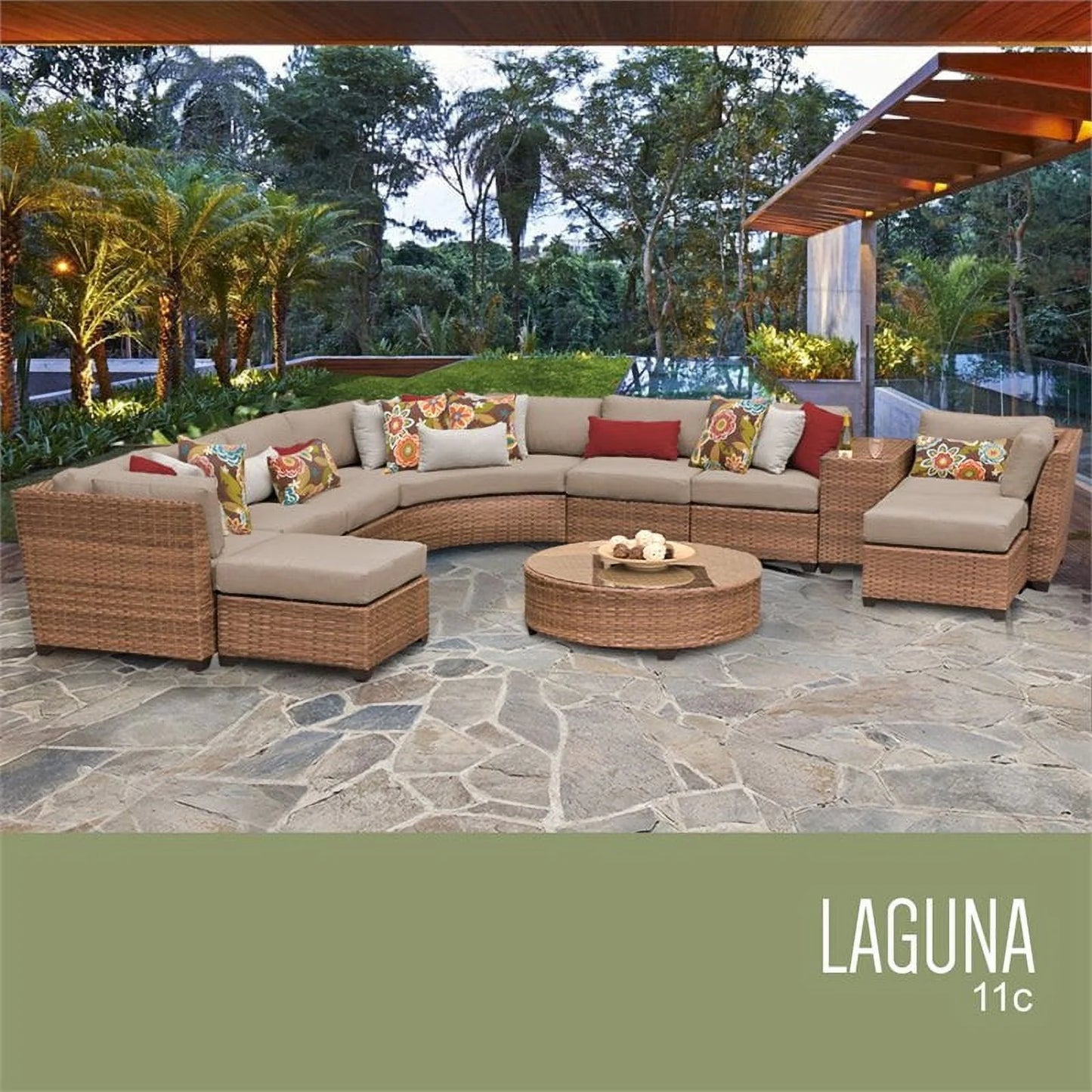 TK Classics Laguna 11-Piece Wicker Patio Sectional Set in Tan