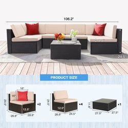 LACOO 7 Pieces Patio Conversation Set Outdoor Sectional Sofa Set PE Rattan, Beige