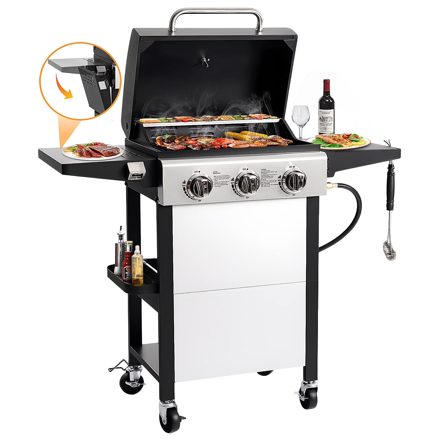 Segmart 3 Burner BBQ Propane Gas Grill, Stainless Steel 30,000 BTU Patio Garden Barbecue Grill with Folding Side Tables, Hanging Basket & Thermometer, Perfect for Camping, Outdoor Cooking