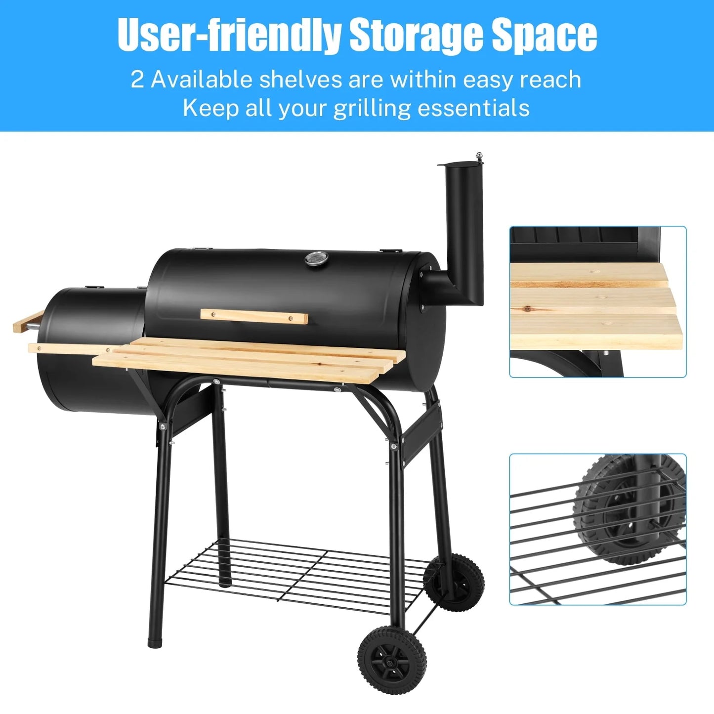BBQ Charcoal Grill, 45.28-Inch Length Portable Barbecue Grill, Offset Smoker Barbecue Oven with Wheels & Thermometer for Outdoor Picnic Camping Patio Backyard, B026