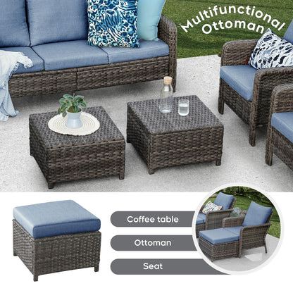Brafab 7 Seat Outdoor Patio Furniture Set with 44" Gas Fire Pit Table, PE Wicker Patio Conversation Sets Cushioned Seat Couch Outdoor Sectional Chair Sofa Set for Yard Garden Porch