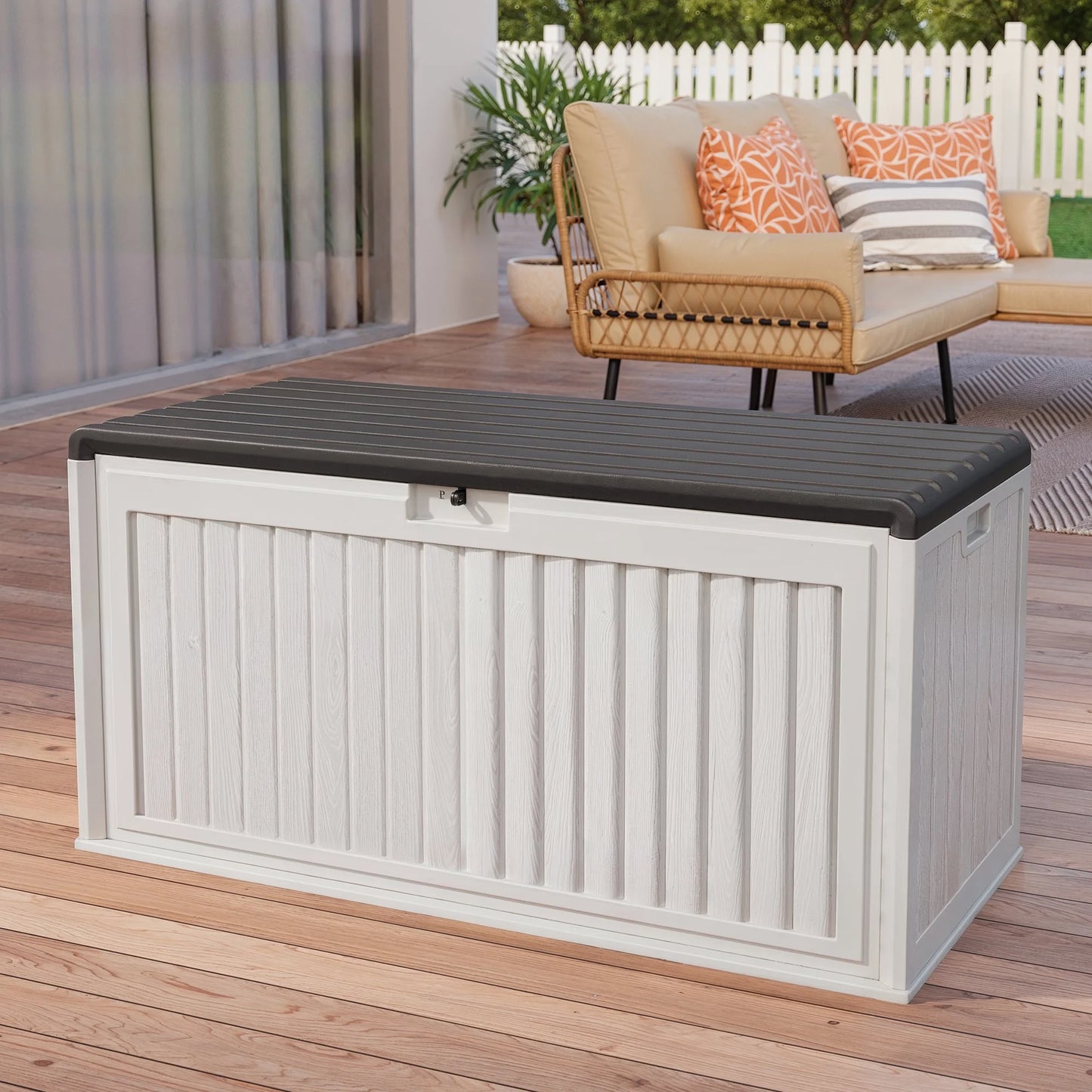 100 Gallon Resin Deck Box, Asofer Lockable Patio Outdoor Storage Box, Garden Tools Storage, Beige/Brown