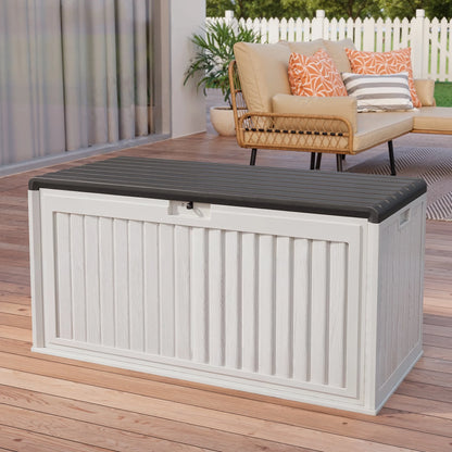 100 Gallon Resin Deck Box, Asofer Lockable Patio Outdoor Storage Box, Garden Tools Storage, Beige/Brown