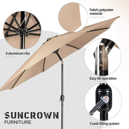 SUNCROWN 7-Piece Outdoor Wrought Iron Chairs and Table Patio Dining Furniture Set - 6 Stackable Metal Chairs, 1 Steel Slat Bistro Table and 1 Brown 9Ft Patio Umbrella for Garden Backyard Deck