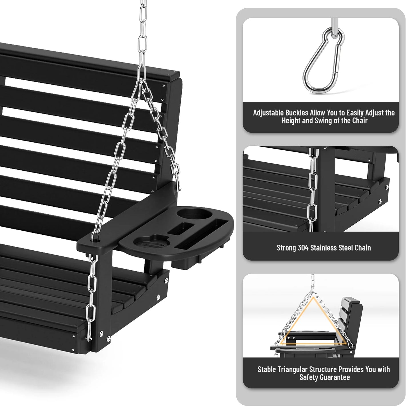 FOOWIN Outdoor Porch Swing, HDPE Patio Hanging Porch Swing with Cup Holder, Black