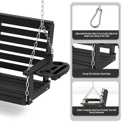 FOOWIN Outdoor Porch Swing, HDPE Patio Hanging Porch Swing with Cup Holder, Black