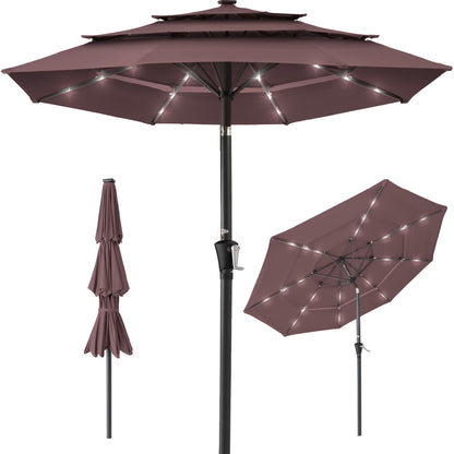 Best Choice Products 10ft 3-Tier Solar Patio Umbrella w/24 LED Lights, Tilt Adjustment, Easy Crank - Tan