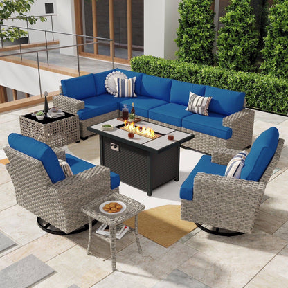Ovios 10 Pieces Outdoor Patio Furniture Modern High-Back All-Weather Wicker Sectional Conversation Set with Propane Fire Pit Table & Swivel Chair, Dark Gray
