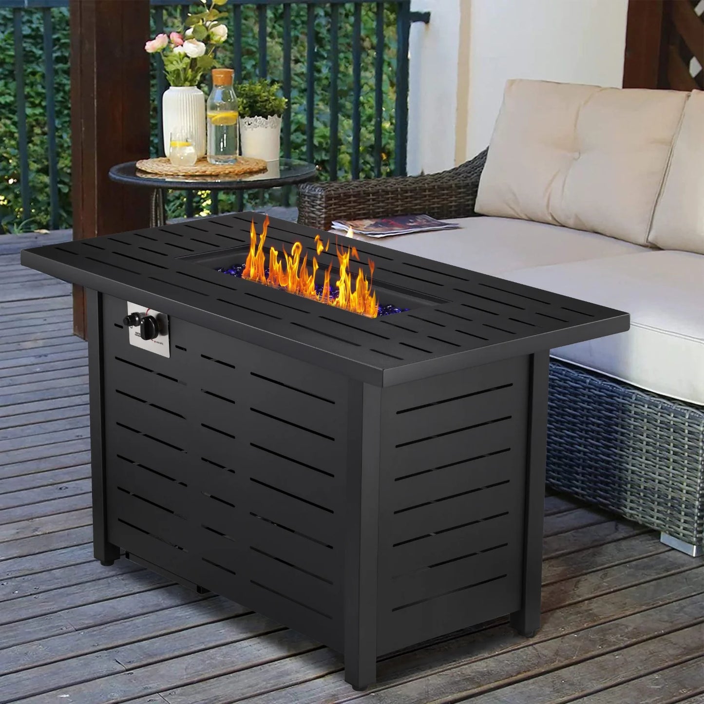 KNDKO 43" Outdoor Propane Fire Pit Table - 50,000 BTU Auto-Ignition Gas Fire Table with Lid, Weather-resistant Backyard Heater for Patio, Deck & Garden