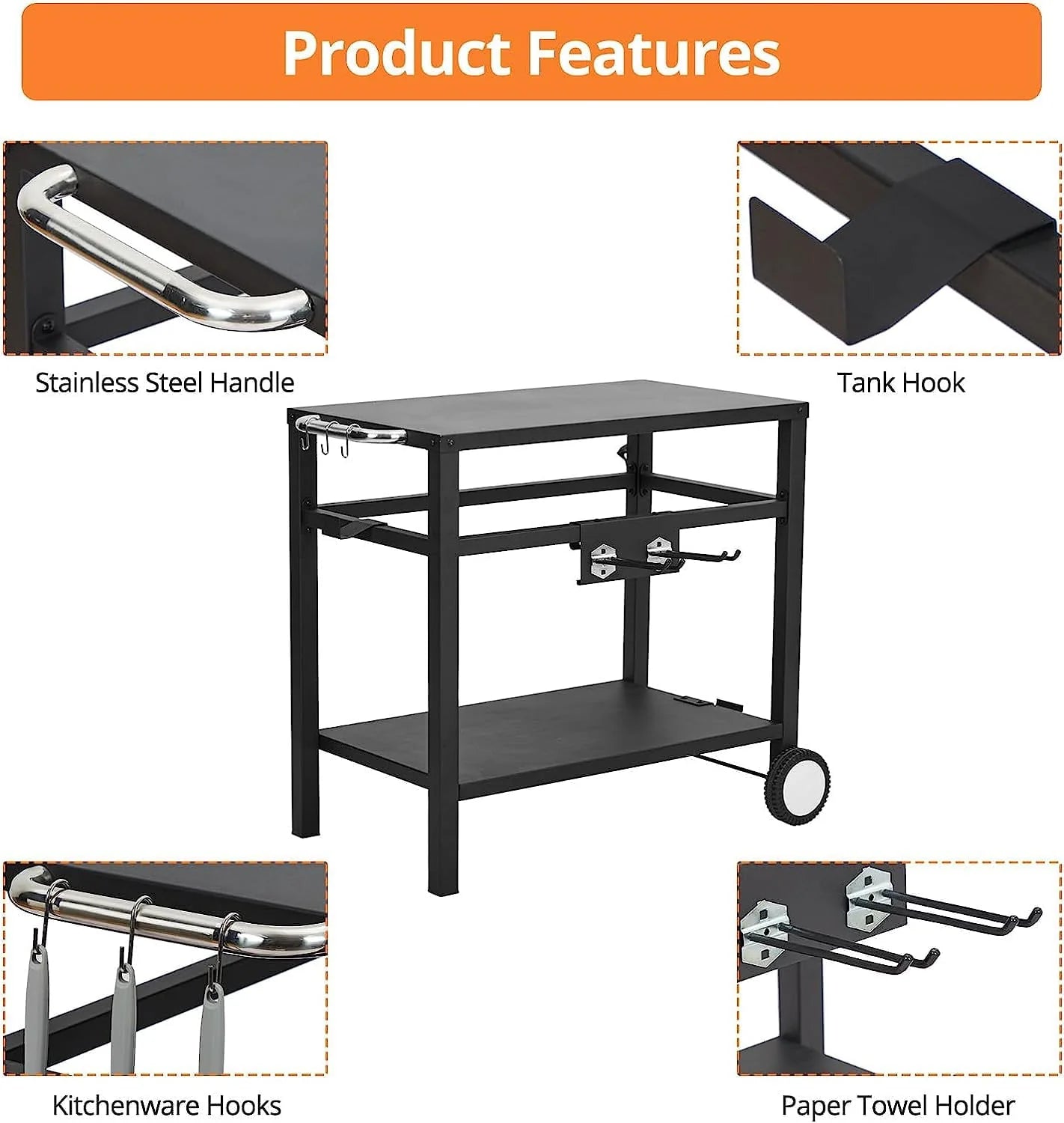 WhizMax Black Grill Cart Pizza Oven Stand, BBQ Prep Table with Wheels & Hooks Outdoor, Side Handle, Double-Shelf Grilling Cart Tabletop Griddle Cooking Station for Bar, Patio, Camping, Home