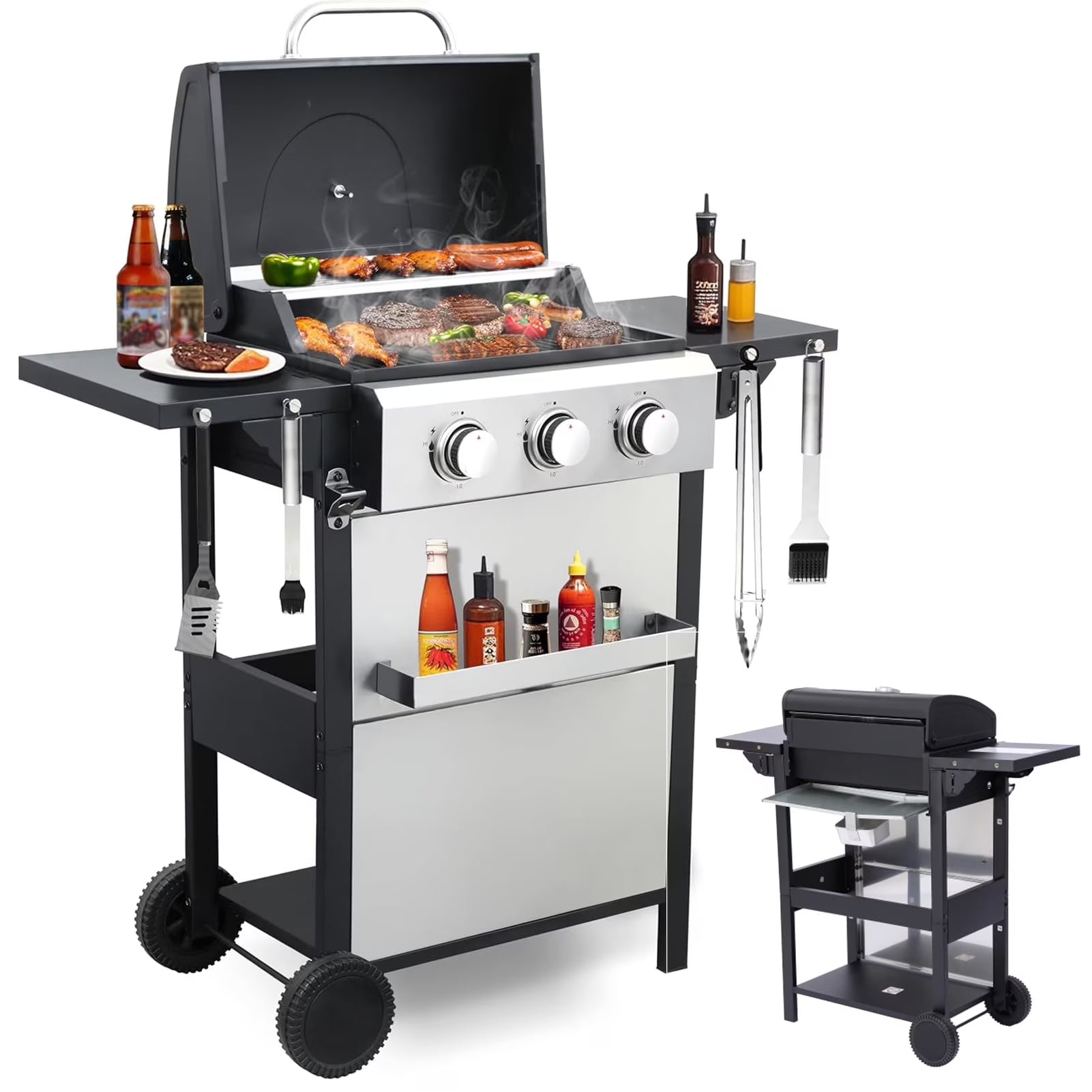 4-Burner Propane Gas BBQ Grill with Side Burner, Stainless Steel Gas Grill with Rain Cover, 40,500 BTU High-Output, Built-in Thermometer for Outdoor, Backyard, Patio BBQ Cooking