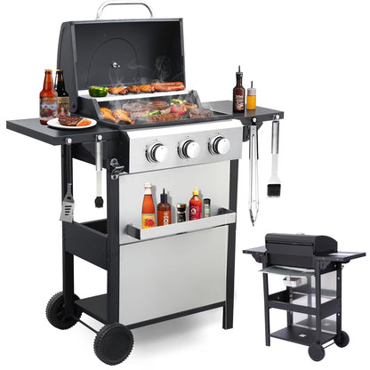 4-Burner Propane Gas BBQ Grill with Side Burner, Stainless Steel Gas Grill with Rain Cover, 40,500 BTU High-Output, Built-in Thermometer for Outdoor, Backyard, Patio BBQ Cooking