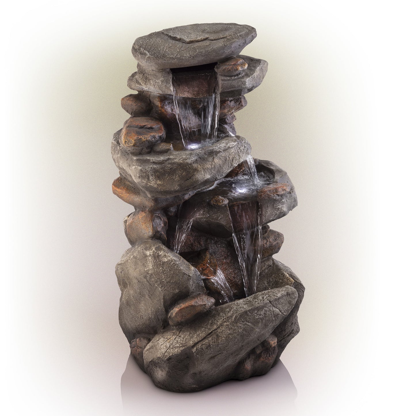 Alpine Corporation WIN1184 40" Outdoor Floor 3-Tiered Rock Waterfall Fountain with LED Lights, Natural Stone Look - Cascading Water Feature for Gardens, Patios, Yards, and Outdoor Dcor, Gray