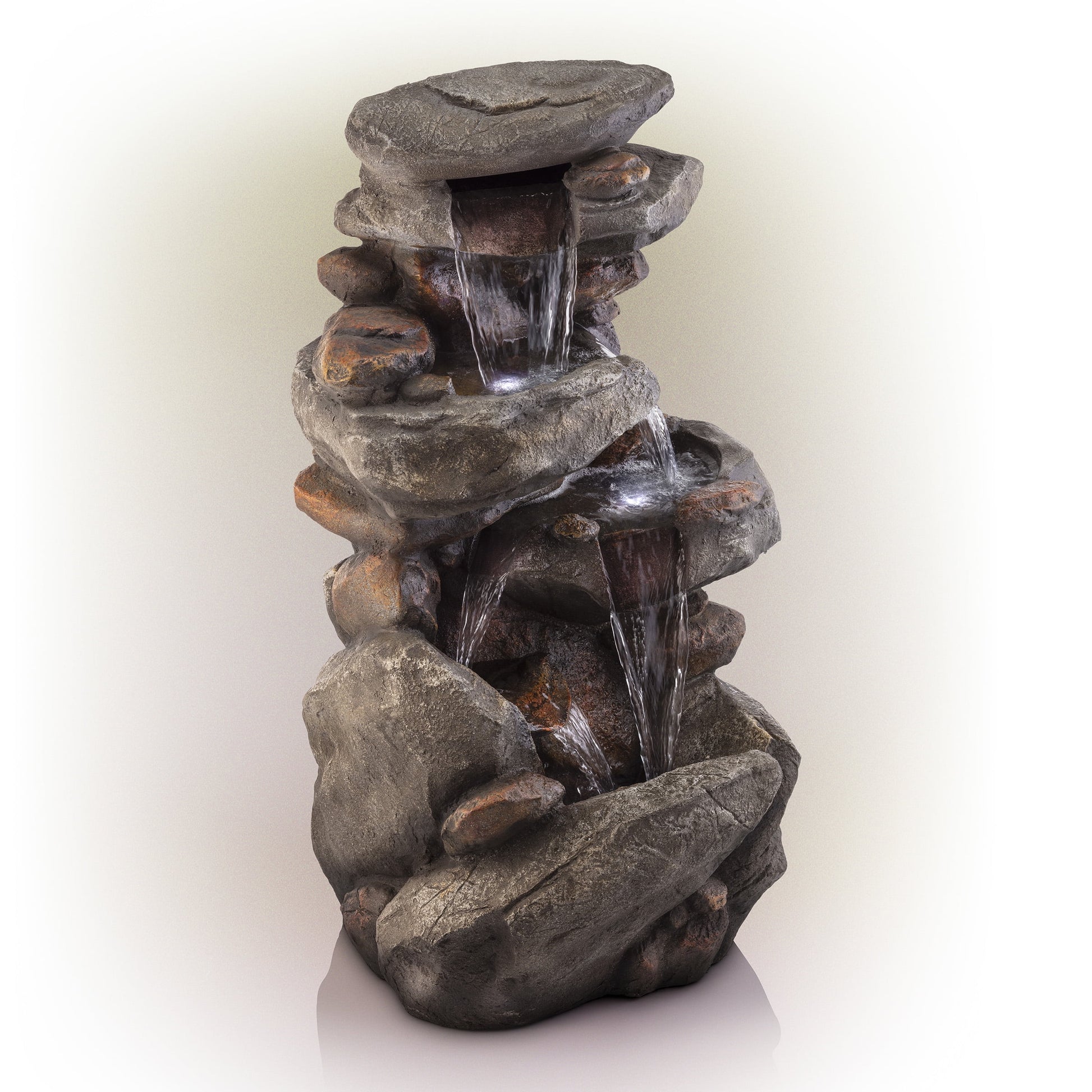 Alpine Corporation WIN1184 40" Outdoor Floor 3-Tiered Rock Waterfall Fountain with LED Lights, Natural Stone Look - Cascading Water Feature for Gardens, Patios, Yards, and Outdoor Dcor, Gray