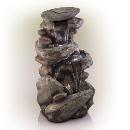 Alpine Corporation WIN1184 40" Outdoor Floor 3-Tiered Rock Waterfall Fountain with LED Lights, Natural Stone Look - Cascading Water Feature for Gardens, Patios, Yards, and Outdoor Dcor, Gray
