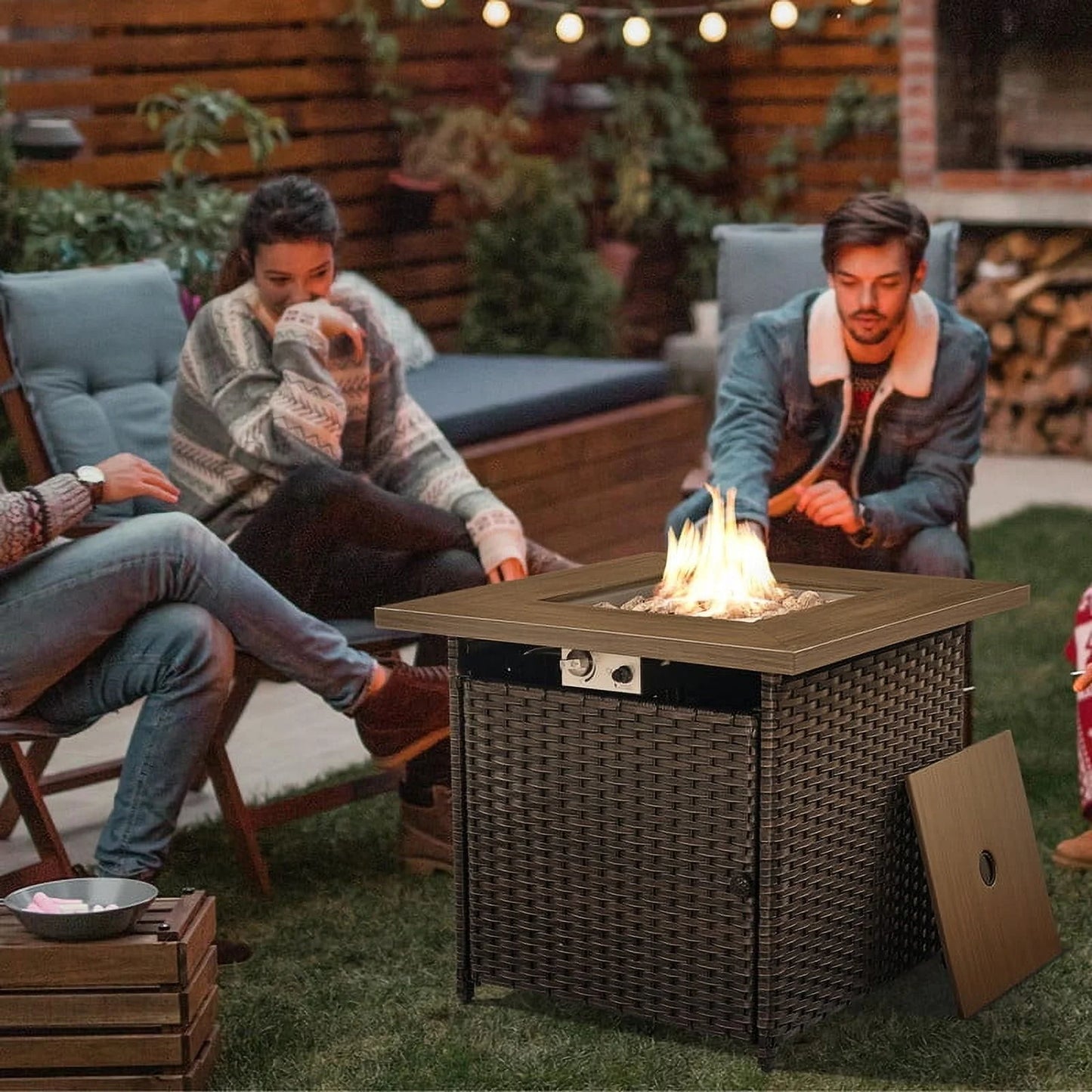 PARKWELL Outdoor Fire Pit 30" Square 50000 BTU Patio Propane Gas Fire Pit Table with Lava Rocks and Lid,Brown Wicker Firepit Faux Wood Tabletop