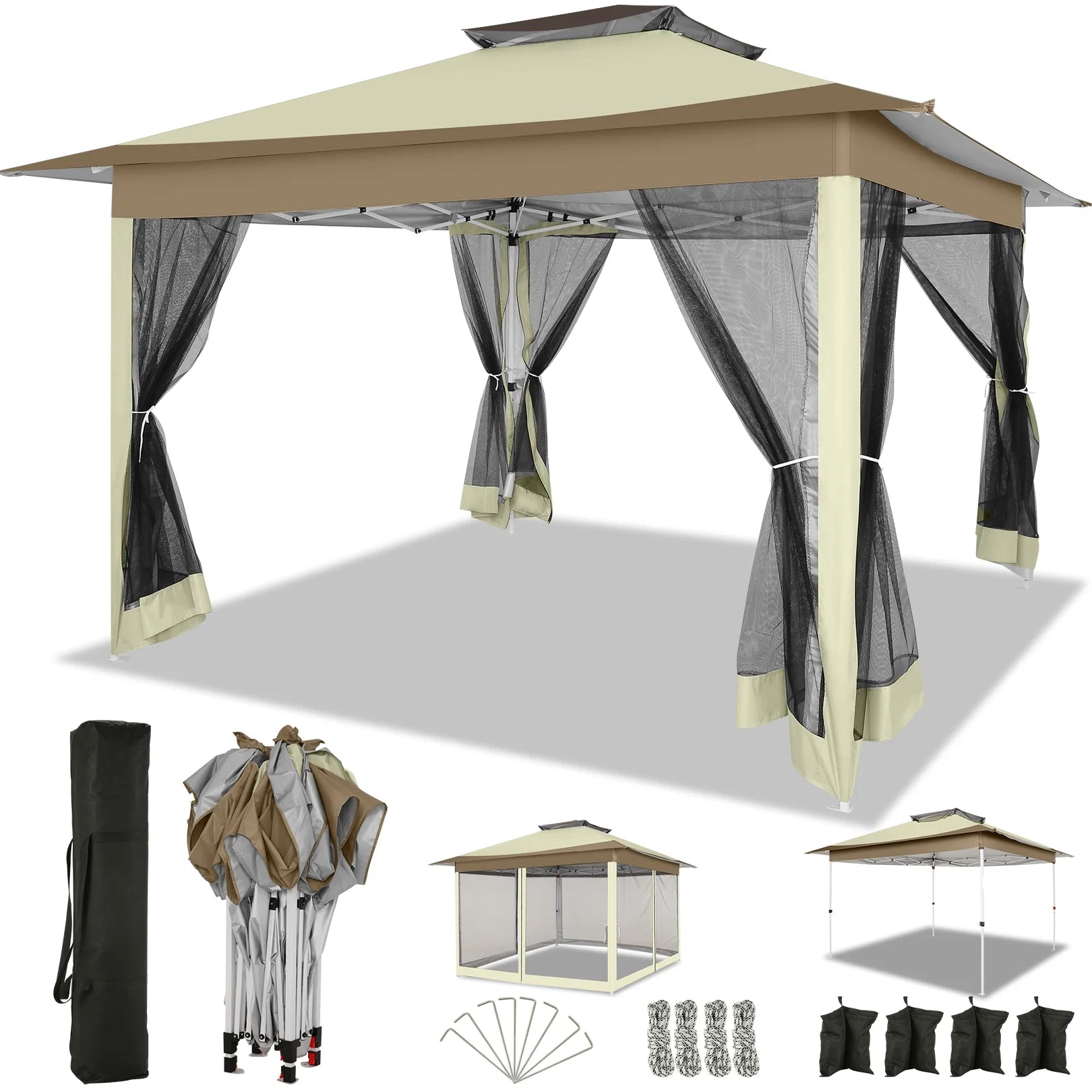 COBIZI 12x12 Outdoor Gazebo Pop Up Gazebo Canopy with Mosquito Netting Patio Tent Backyard Canopy with 2-Tiered Vented Top 3 Adjustable Height, Beige