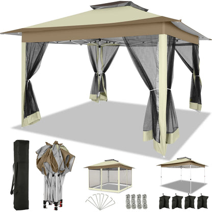 COBIZI 12x12 Outdoor Gazebo Pop Up Gazebo Canopy with Mosquito Netting Patio Tent Backyard Canopy with 2-Tiered Vented Top 3 Adjustable Height, Beige