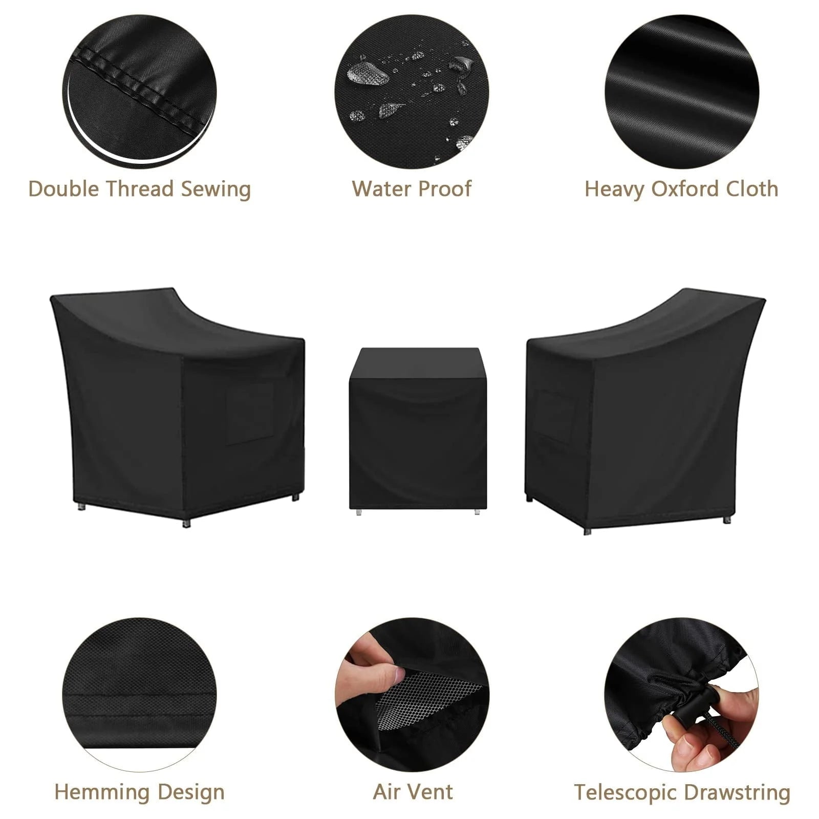 SIRUITON 3 Pieces Patio Set Cover Fit for Outdoor Wicker Patio Furniture Sets Modern Bistro Set Rattan Chair Conversation Sets with Durable and Water Resistant Fabric ,Black