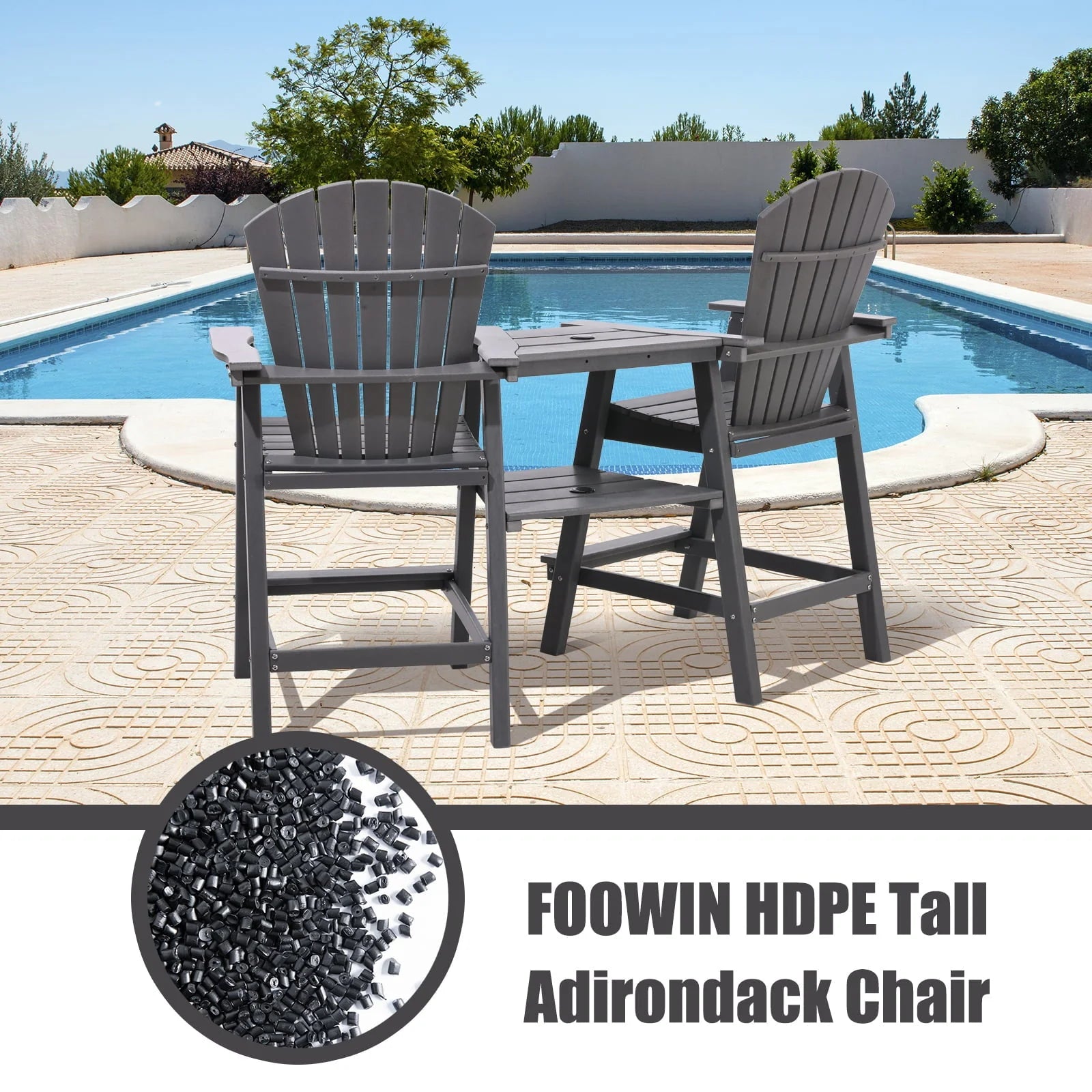 Tall Adirondack Chairs Set of 2,Outdoor Adirondack Barstools with Double Connecting Tray Patio Stools Weather Resistant for Outdoor Deck Lawn Pool Backyard,Grey
