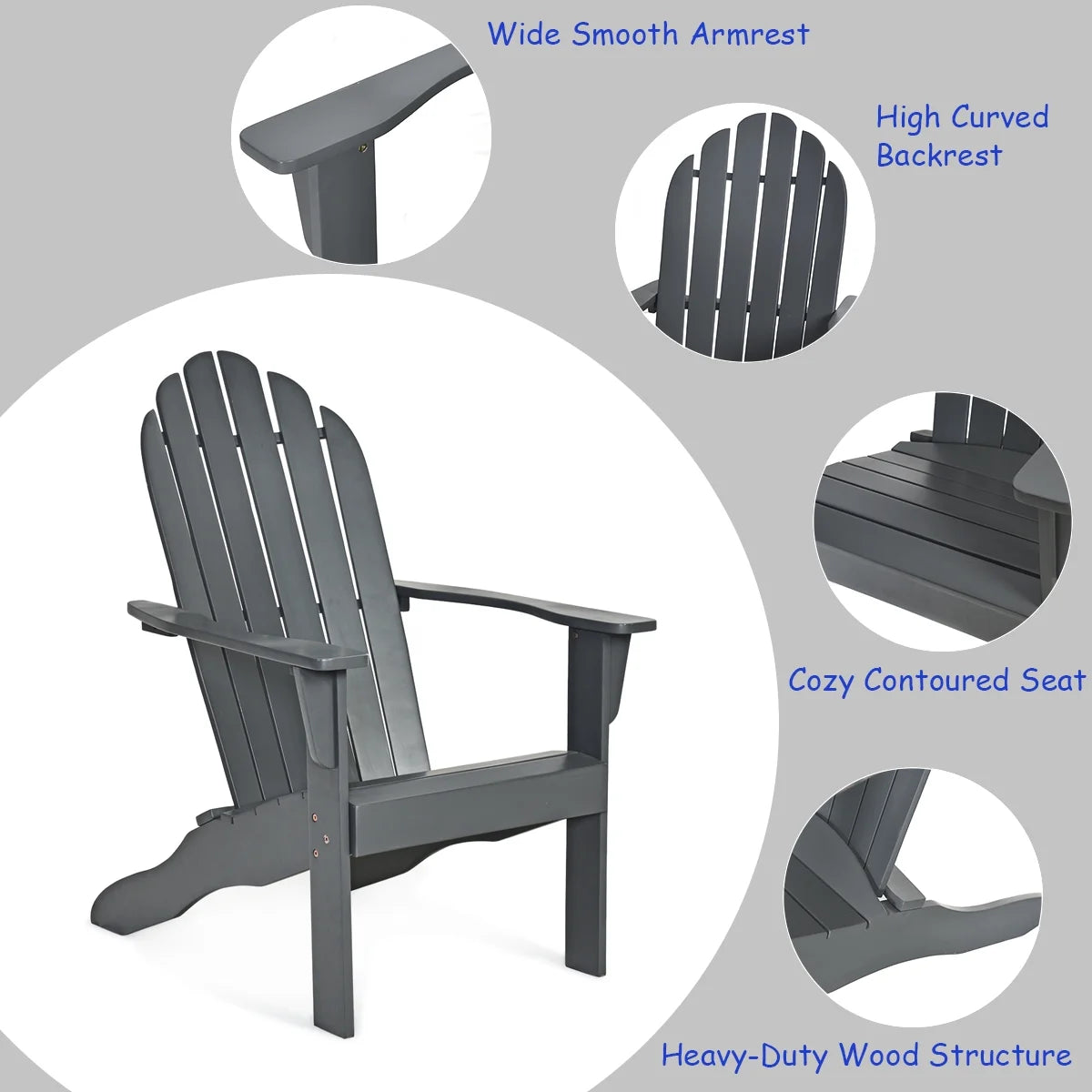Costway Outdoor Adirondack Chair Accent Chair Solid Wood sturdy Patio Garden Deck Furniture Gray