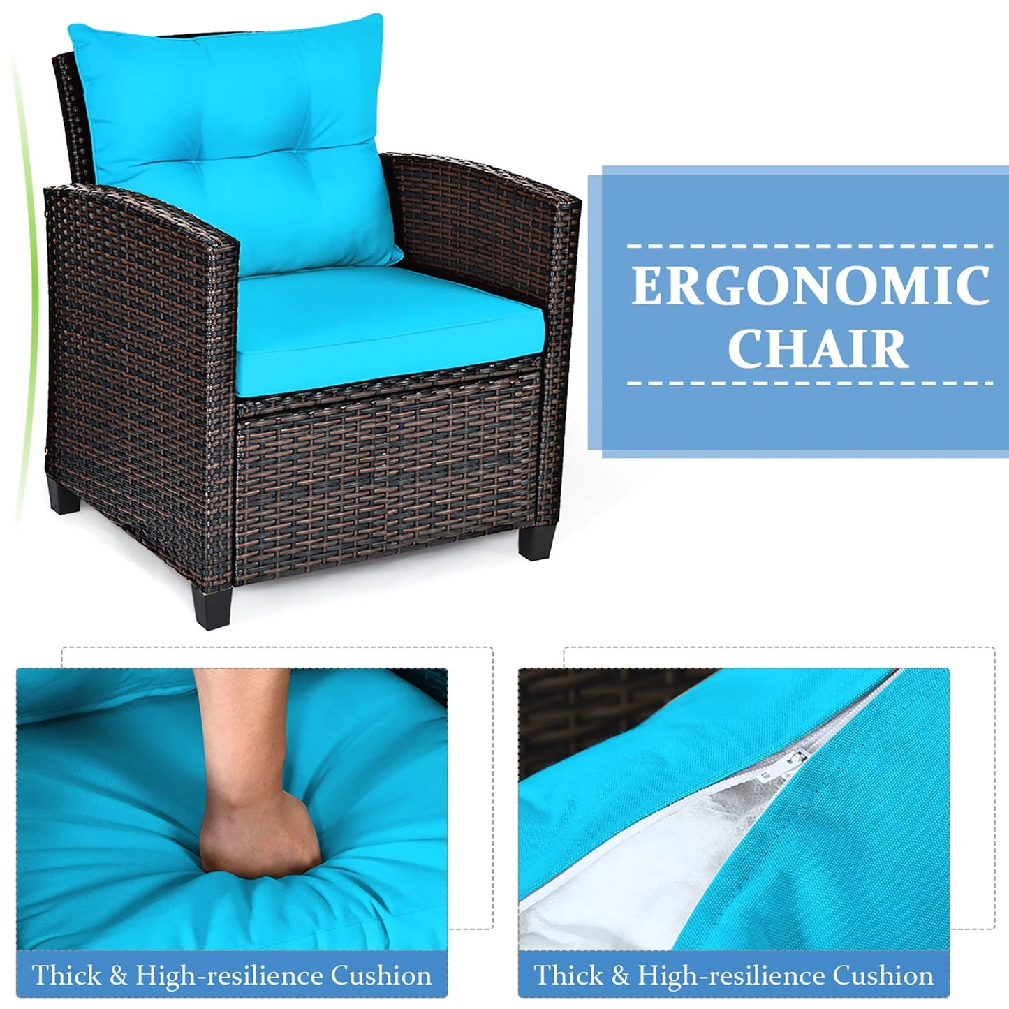 Costway 3PCS Patio Rattan Furniture Set Cushioned Conversation Set Sofa Turquoise
