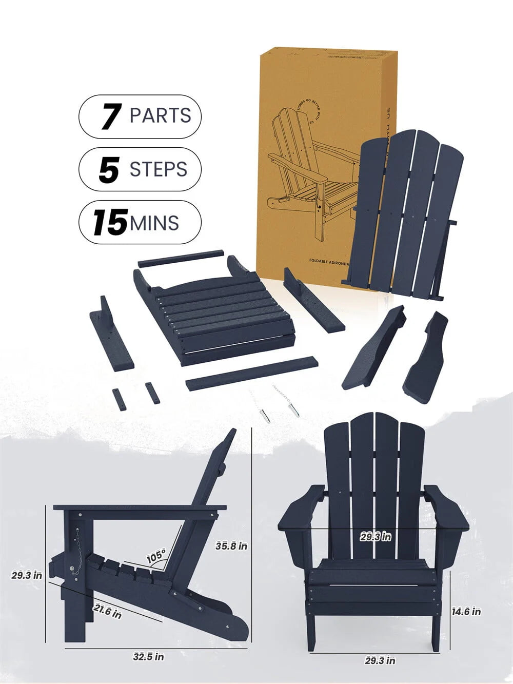VOUA Folding Adirondack Chair Resin Outdoor Patio Furniture, Blue