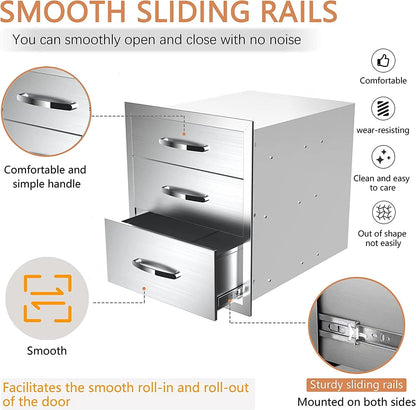 Outdoor Kitchen Drawers 14" W x 21" H x 23" D, Flush Mount Triple Access BBQ Drawers,BBQ Island Drawers for Outdoor Kitchens or BBQ Island Patio Grill Station