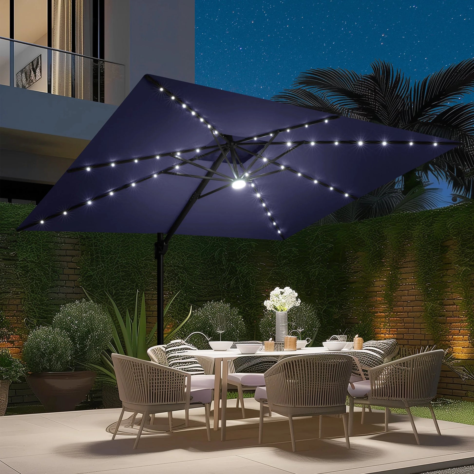 11FT Double Top Cantilever Umbrella Outdoor 360° Rotation 6 Heights Adjustable Offset Umbrella Metal Pole Cantilever Patio Umbrella With Light