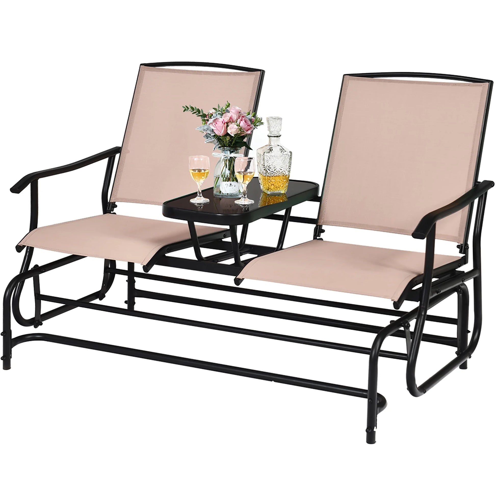 Costway 2 Person Outdoor Patio Double Glider Chair Loveseat Rocking Brown