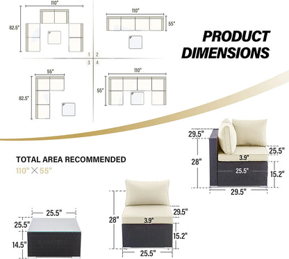LAUSAINT HOME 7 Pieces Patio Conversation Set, Outdoor Sectional PE Rattan Wicker Furniture Seat (Beige)