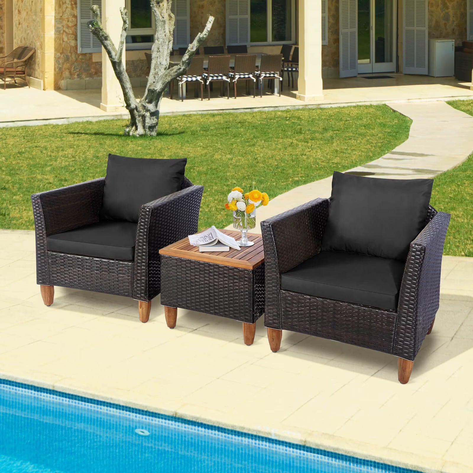Costway 3PCS Patio Wicker Rattan Sofa Set Furniture Outdoor Acacia Wood Conversation Brown