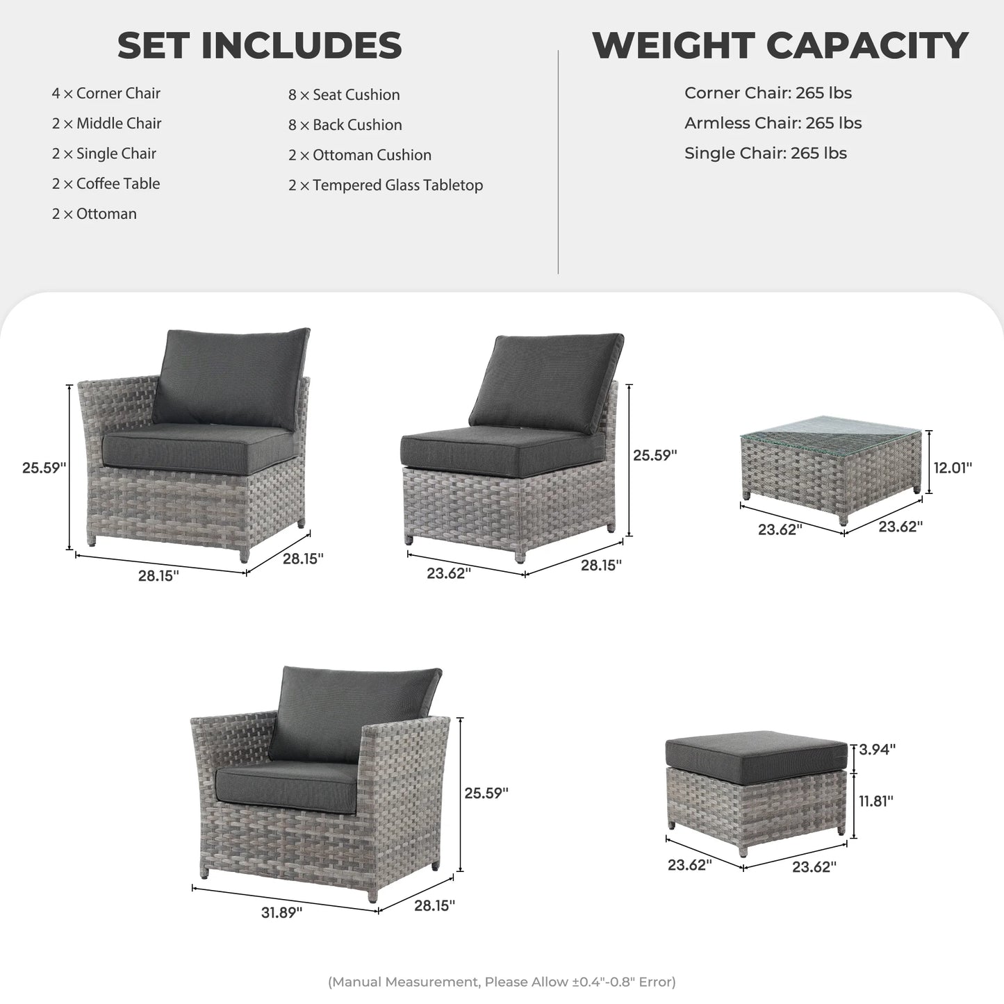 HOOOWOOO Outdoor Patio Furniture Set 12 Pieces Wicker Sectional Conversation Set No Assembly Modular Sofa Chair Set,Black