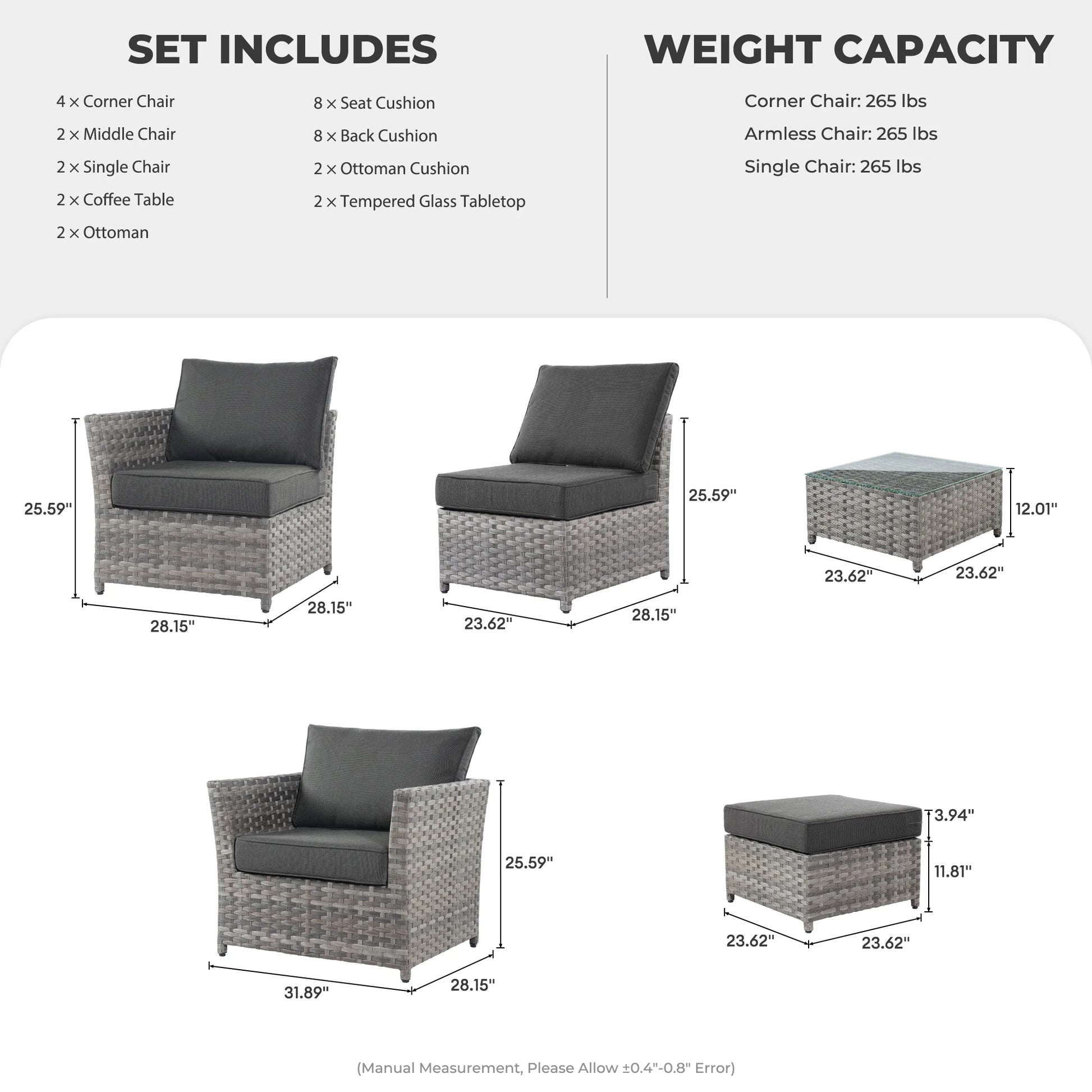 HOOOWOOO Outdoor Patio Furniture Set 12 Pieces Wicker Sectional Conversation Set No Assembly Modular Sofa Chair Set,Black