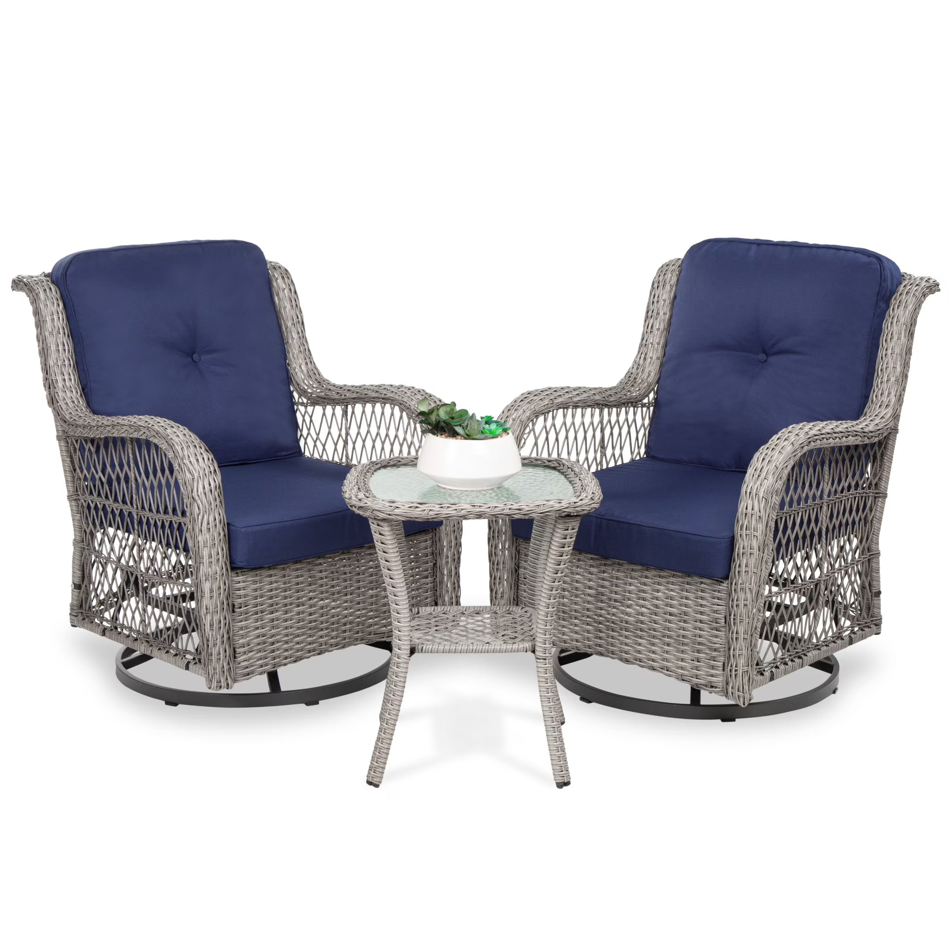 Best Choice Products 3-Piece Patio Wicker Bistro Furniture Set w/2 Cushioned Swivel Rocking Chairs, Side Table - Rust