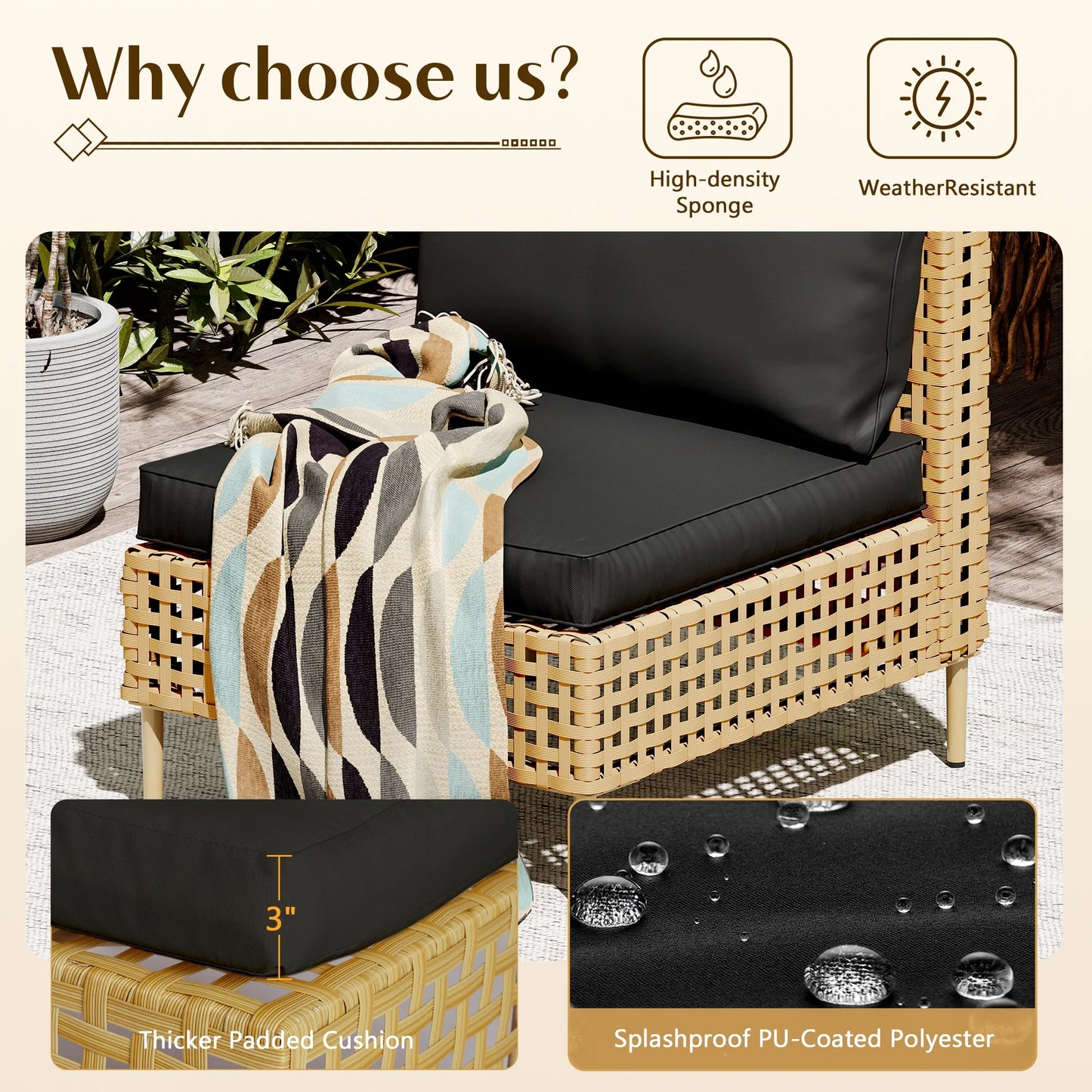 Bifanuo 4-Piece Wicker Outdoor Sectional Sofa, Patio Furniture Set, with Beige Fluffy Cushions (without Coffee Table)