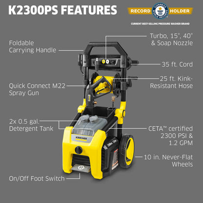 K?rcher Pressure Washer K2300PS, CETA Certified, 4 Spray Nozzles, Detergent Tank, Hose Reel, For Cars, Driveways, Siding, Patios, 1.2 GPM