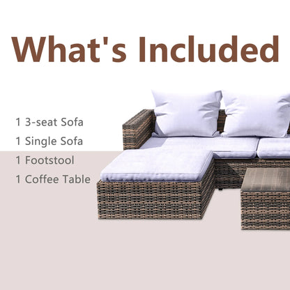 Rattan Patio Sofa Set, 4 Pieces Outdoor Sectional Furniture Set, All-Weather PE Rattan Wicker Patio Conversation Set, Cushioned Sofa Set with Glass Table for Patio Garden Poolside Deck