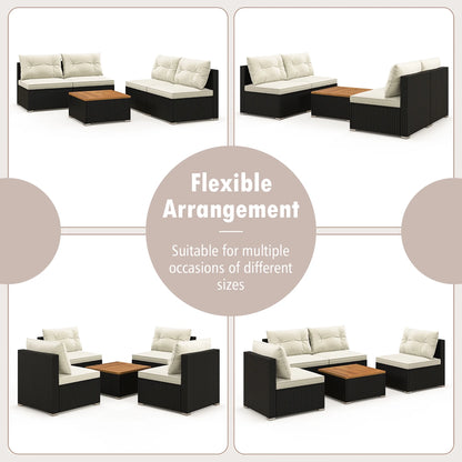 Gymax 5PCS Rattan Patio Conversation Sofa Set Outdoor Furniture Set w/Off White Cushions