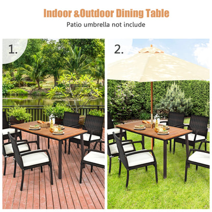 Gymax Rectangle Patio Outdoor Dining Table Acacia Wood Tabletop w/2'' Umbrella Hole