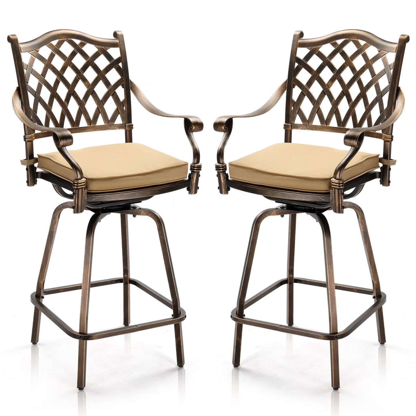 Ktaxon 2Pcs Outdoor Swivel Bar Stools, Weather Resistant Patio Bar Height Chairs, Cast Aluminum Bar Dining Seatings for Pool Deck Balcony (Elizabethan Back)