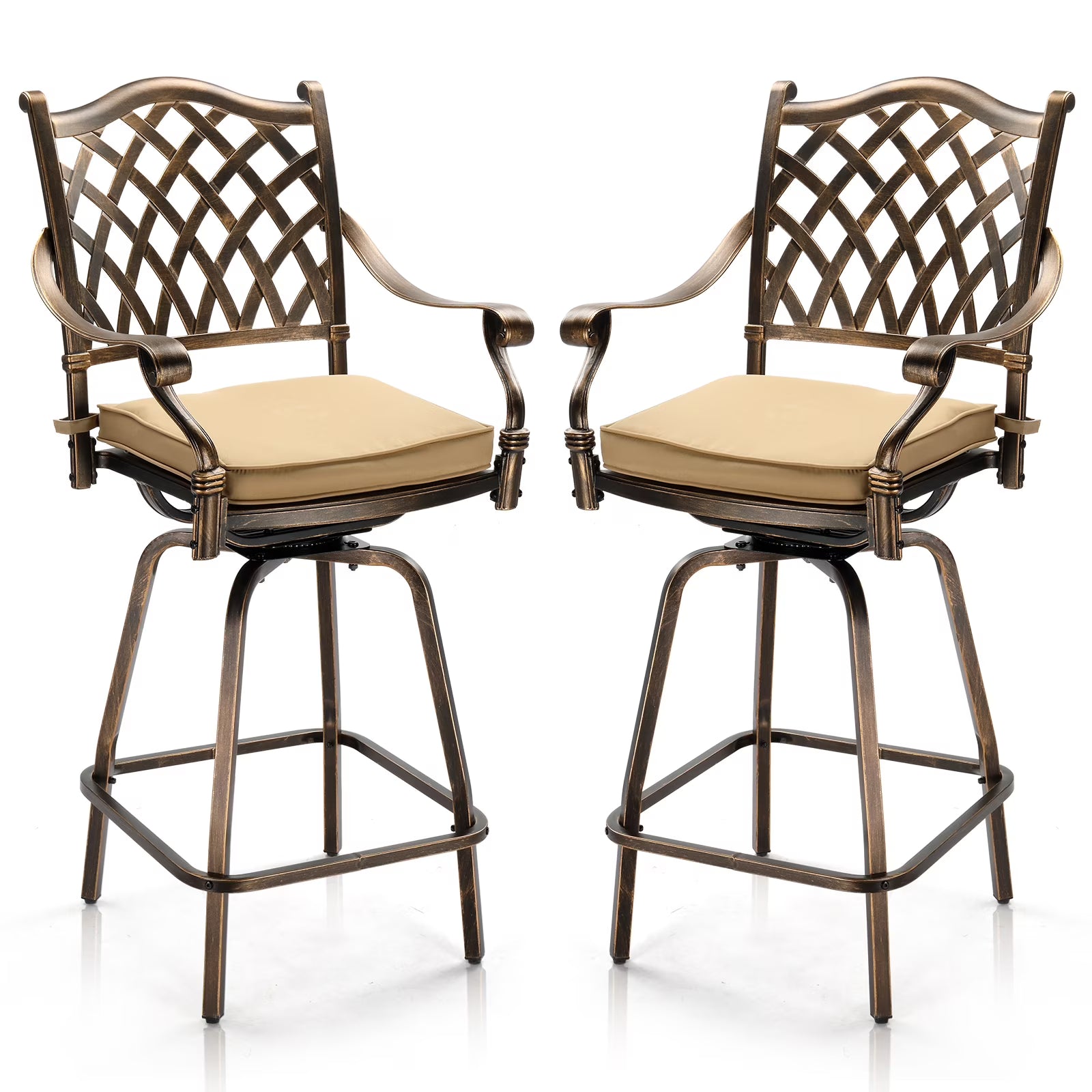 Ktaxon 2Pcs Outdoor Swivel Bar Stools, Weather Resistant Patio Bar Height Chairs, Cast Aluminum Bar Dining Seatings for Pool Deck Balcony (Elizabethan Back)