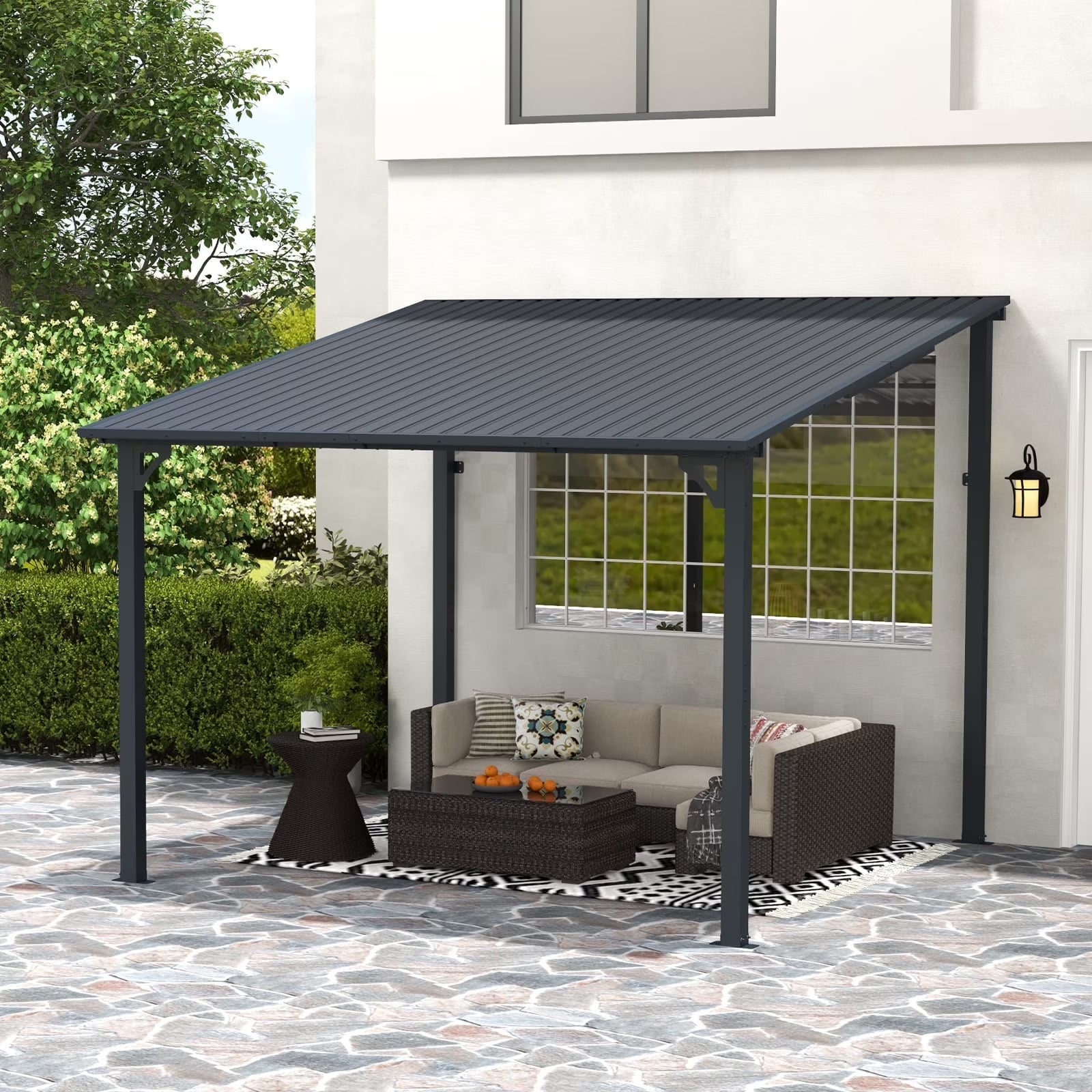 8' x 10' Outdoor Pergola Gazebo, Lean to Awnings Gazebos, Heavy Duty Hard Top Metal Pergola with Roof, for Patio, Backyard, Decks, Poolside