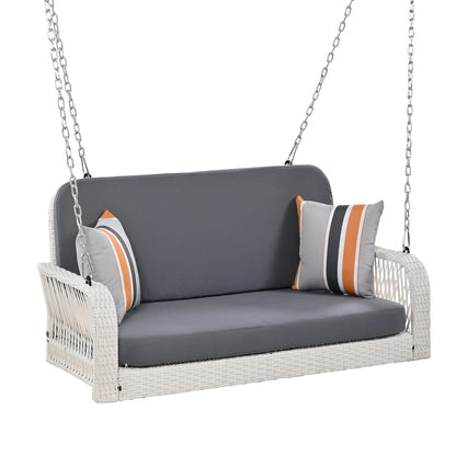 Harper & Bright Designs PE Ratten Porch Swing Chair, 2-Seater Hanging Swing Bench with Chains, All Weather Design Patio Furniture Swing for Backyard Garden Poolside, Grey and White