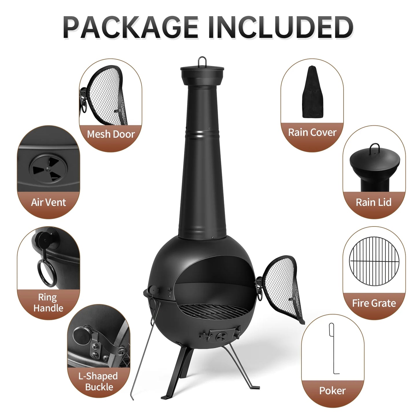 KingChii Chiminea Outdoor Fireplace, Wooden Fire Pit for Patio Backyard with Cover, Black