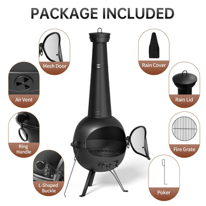 KingChii Chiminea Outdoor Fireplace, Wooden Fire Pit for Patio Backyard with Cover, Black