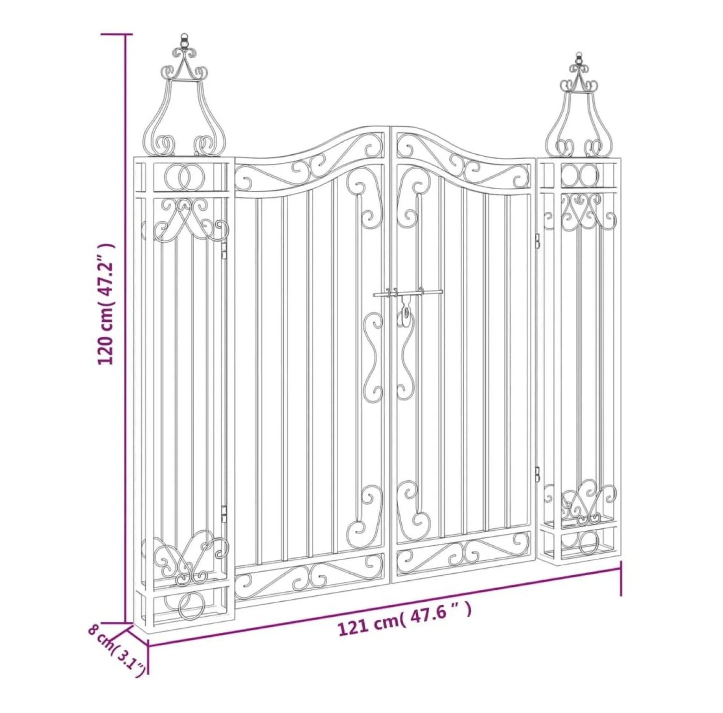 Wrought Iron Garden Gate - 47.6" Black Ornamental Fence Gate with Posts - Outdoor Entryway for Yard, Patio, and Garden - Lockable & Durable