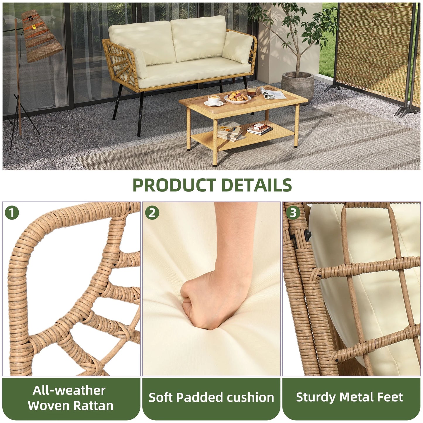 Uforic Outdoor Wicker Loveseat with Cushions and Rattan Side Table, All-Weather 2 Pieces Bistro Patio Conversation Furniture Set -Beige